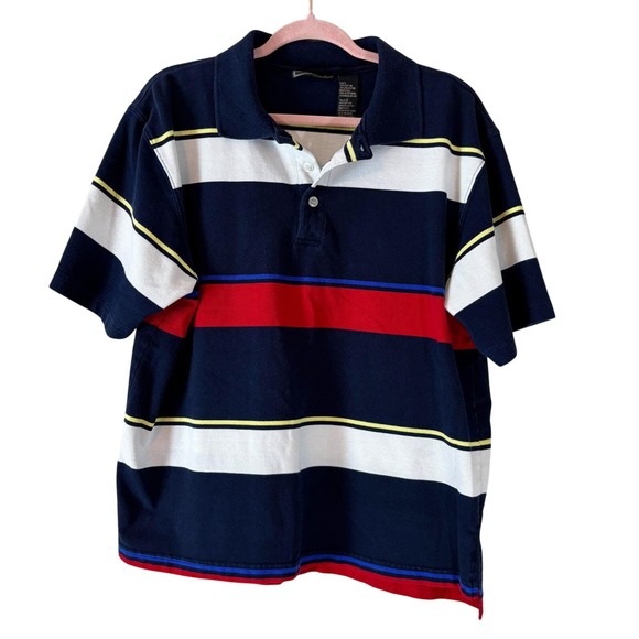 Highland Outfitters Golf Polo Men's‎ Large Chunky Striped Vintage 90s Navy Red - Picture 1 of 9